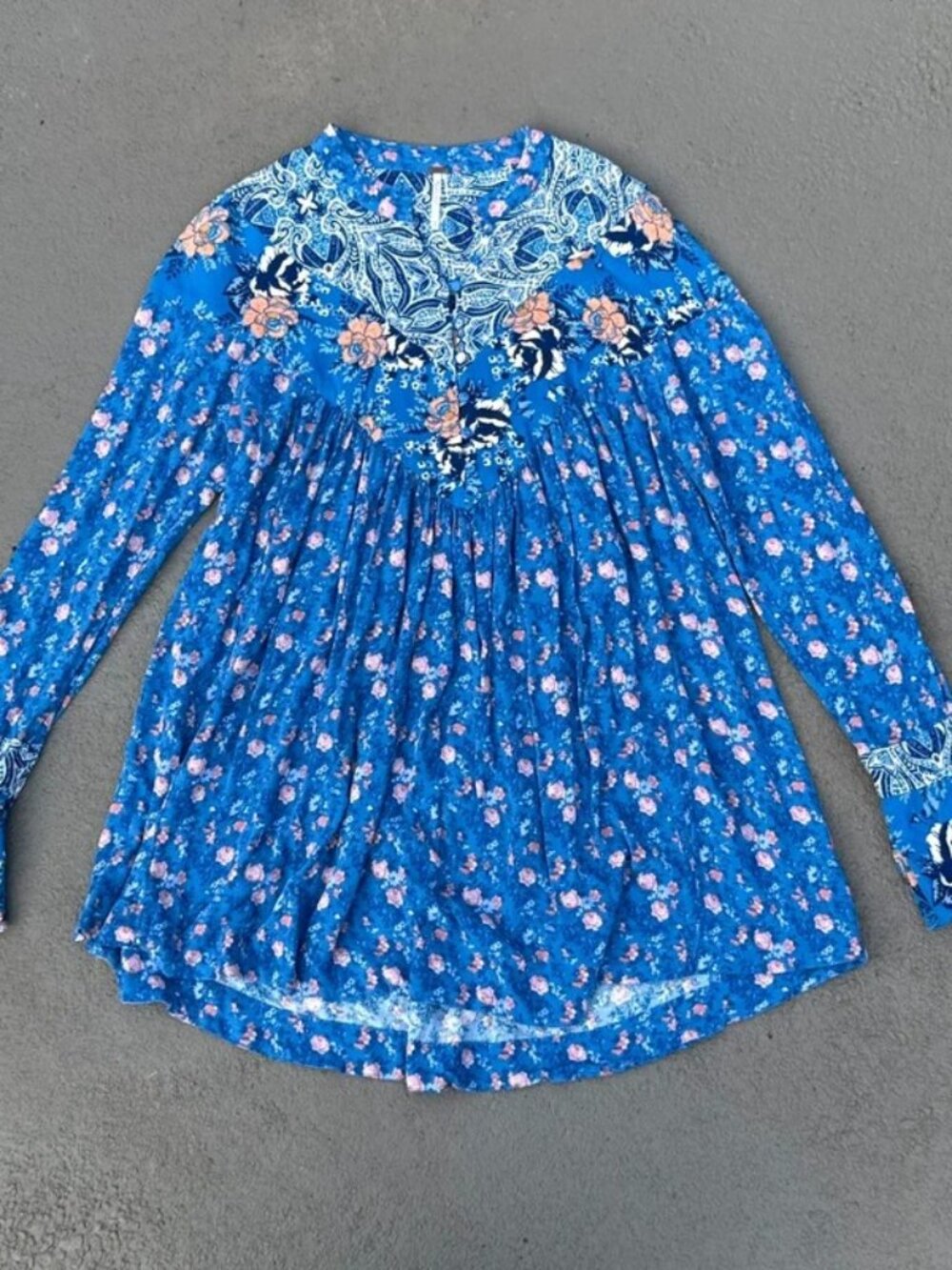 Women’s Cobalt Blue Floral Paisley Babydoll Tunic Top with Bell Sleeves, S / US